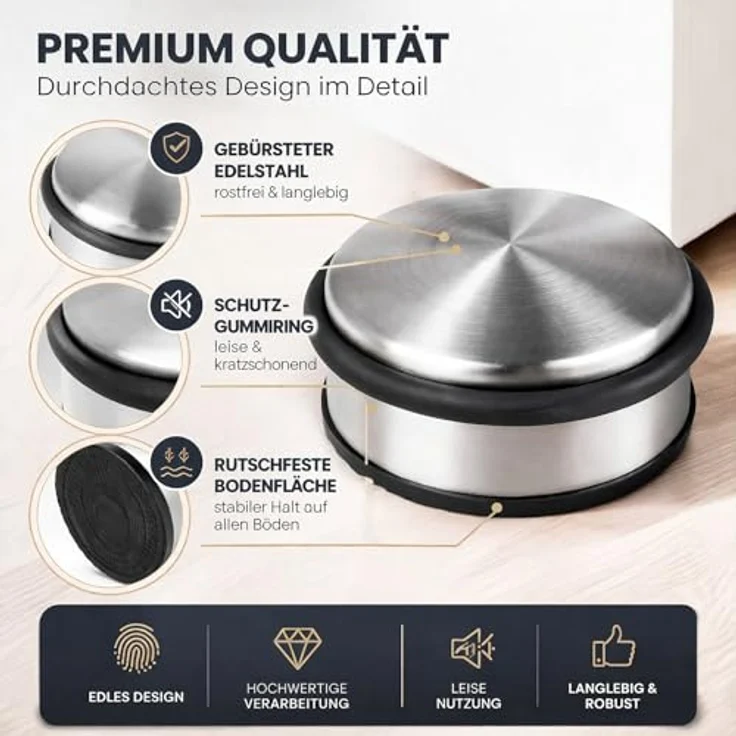 HRB Türstopper 4er Set, Edelstahl massiv - Schwerer Türstopper Boden 1,2 Kg/Stk, Door Stopper im modernen Design versehen mit Gummiring zum Schutz der Türen – Bild 3