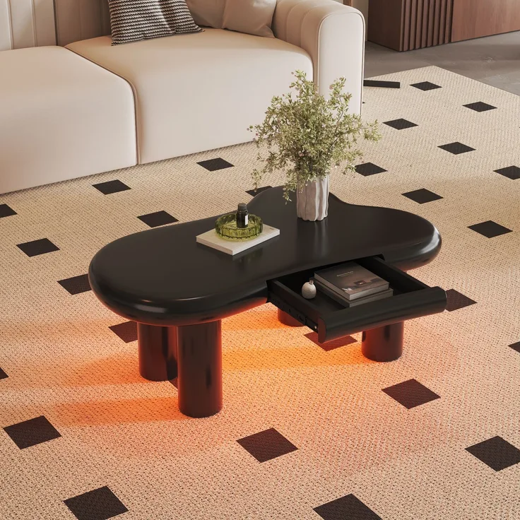 Couchtisch 98x65,5x40 cm, Schwarz modernes wolkenförmiges Design mit Schublade & LED-Beleuchtung