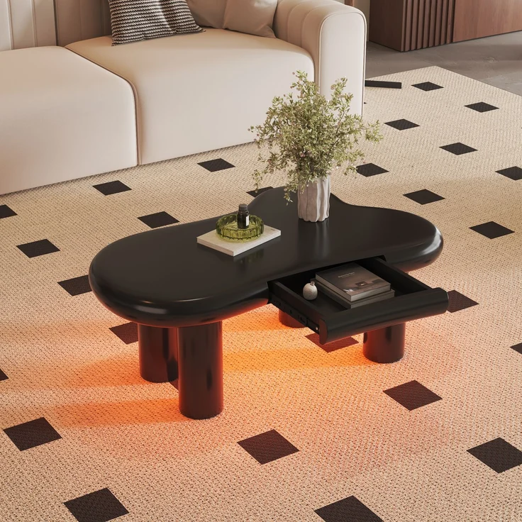 Couchtisch 98x65,5x40 cm, Schwarz modernes wolkenförmiges Design mit Schublade & LED-Beleuchtung – Bild 1