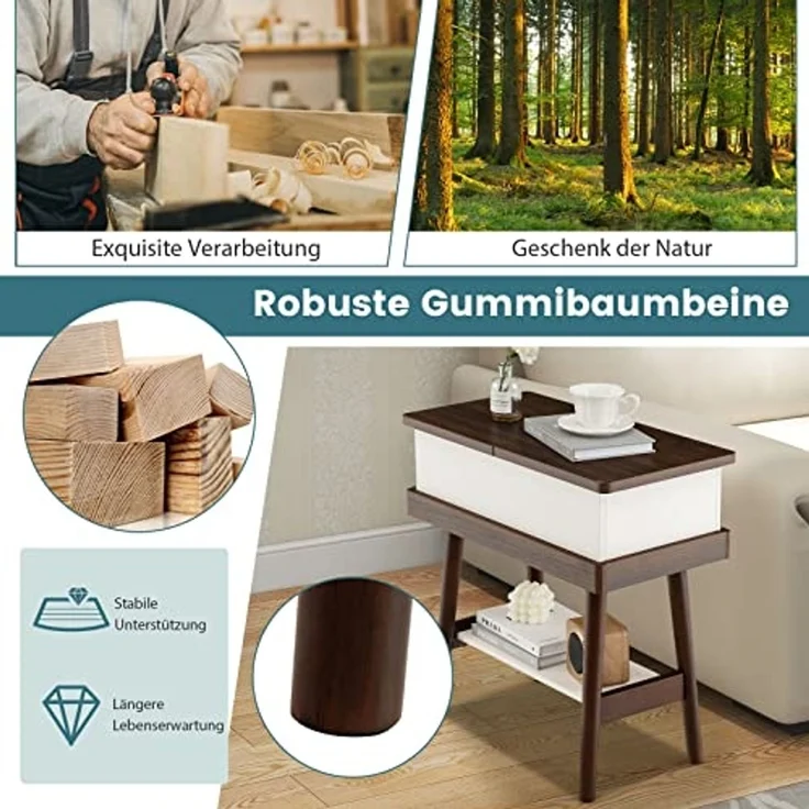 COSTWAY Beistelltisch mit klappbarer Tischplatte, schmaler Sofatisch aus Gummiholz, Nachttisch Klapptisch für Wohnzimmer, Schlafzimmer, 60 x 30 x 60 cm, Dunkelbraun – Bild 5