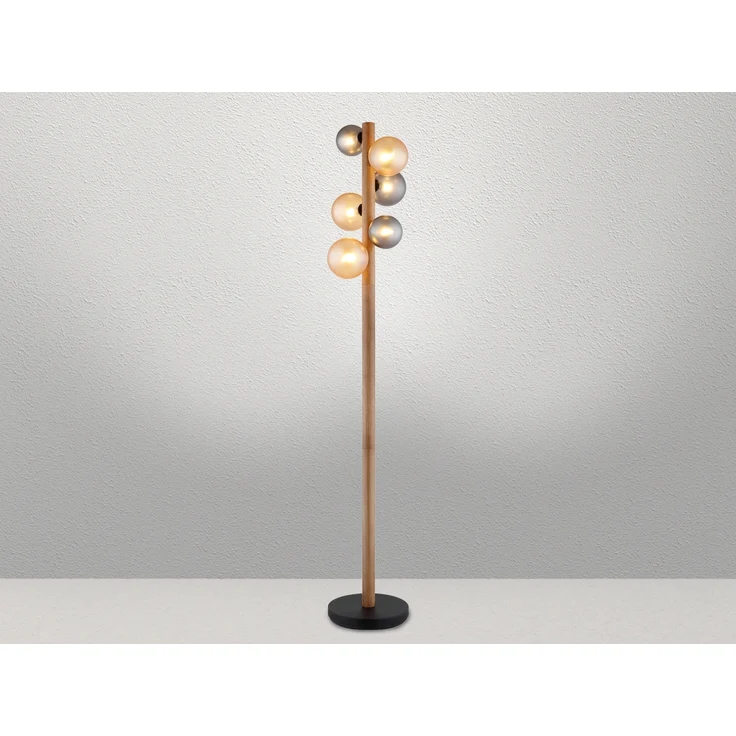 LED Stehleuchte aus Holz 6-flammig Glaskugeln Rauchglas & Bernstein, H: 150cm – Bild 3