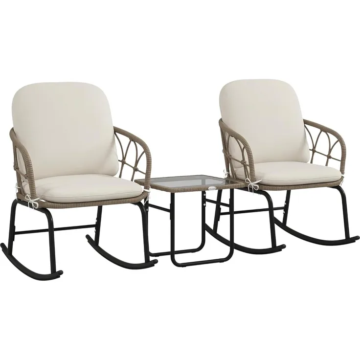 Outsunny Sitzgruppe Rattan Schaukelstuhl-Set, Gartenmöbel-Set mit 2 Stühlen, 1 Couchtisch, (Gartensitzgruppe, 3-tlg, Gartengarnitur), mit Kissen, für Balkon, Terrasse, Creme