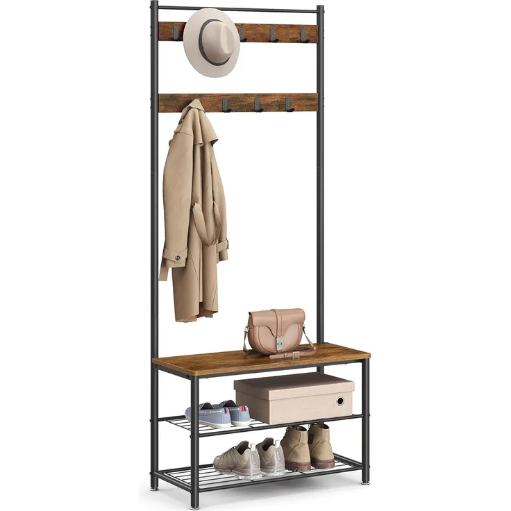 Vasagle Garderobenständer, Kleiderständer mit Schuhablagen, Schuhregal mit Sitzfläche für Flur, mit Haken, Metallrahmen mit matter Oberfläche, von Songmics HSR41BX