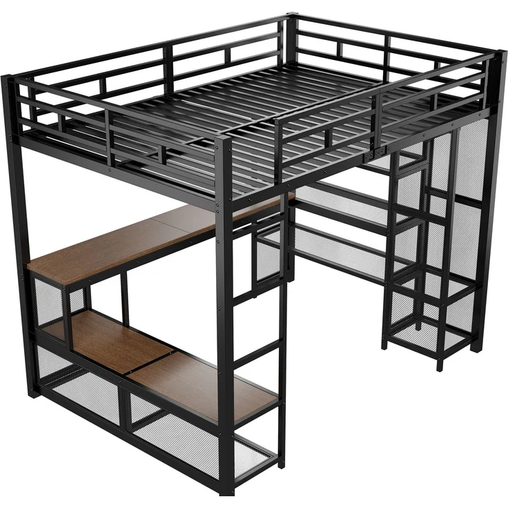 U-life Metall-Hochbett 140x200 cm mit Schreibtisch, offenem Kleiderschrank, USB-Ladestation und LED-Beleuchtung, Schwarz – Bild 7