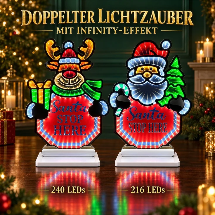 LED Infinity Spiegel 2er-Set Santa Stop Here, Rentier und Santa mit Timer – Bild 8