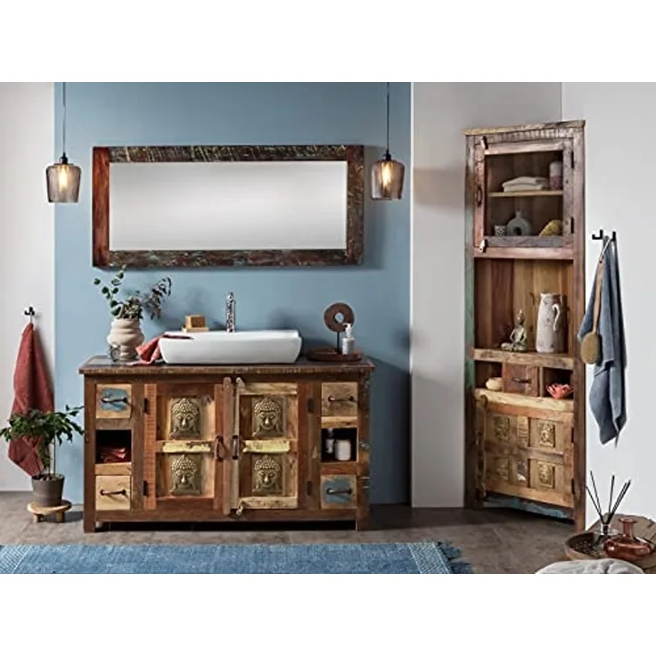 Badmöbel-Set massivum Sumana 2-teilig Waschtisch mit Spiegel Holz rustikal Altholz Boho Vintage Badezimmer-Möbel 130x135x50 cm