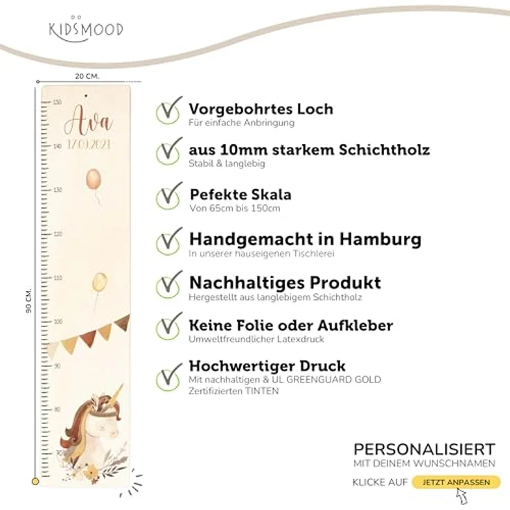 KIDSMOOD - Messlatte für Kinderzimmer Personalisiert, 70-140 cm - Messlatte Kinder Holz personalisiert Mit Namen für Baby- & Kleinkinderzimmer - Individuelles Geschenk für Kinder und Babys zum Geburt – Bild 9