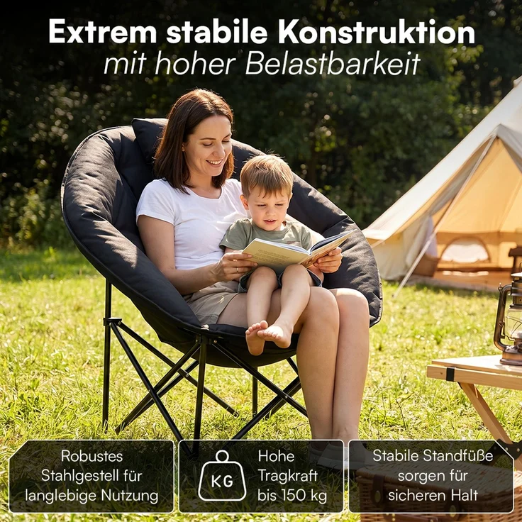 STEELSØN 'Hoggar' Moonchair faltbar, gepolsterter Campingstuhl schwarz, bis 150 kg, mit Kopfkissen und Tragetasche – Bild 6