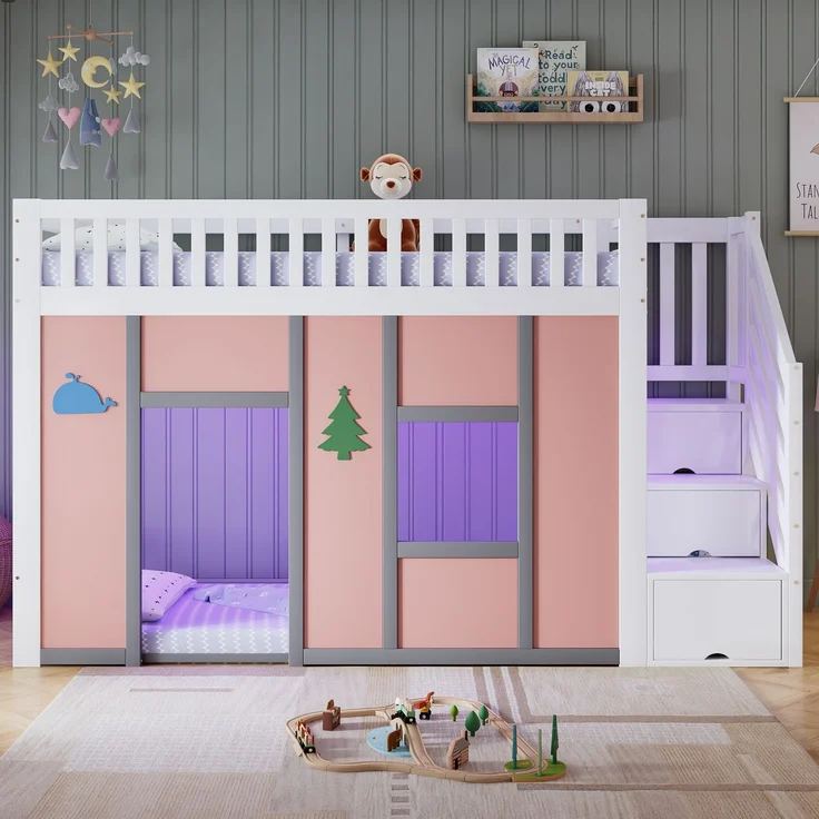 Merax Hochbett 90x200 cm, Kinderbett, Halbhochbett mit Stauraumtreppe, LED-Beleuchtung, Spielbereich, Rausfallschutz und Deko-Motiven, Weiß + Rosa, 252.5 x 95 x 142 cm – Bild 2