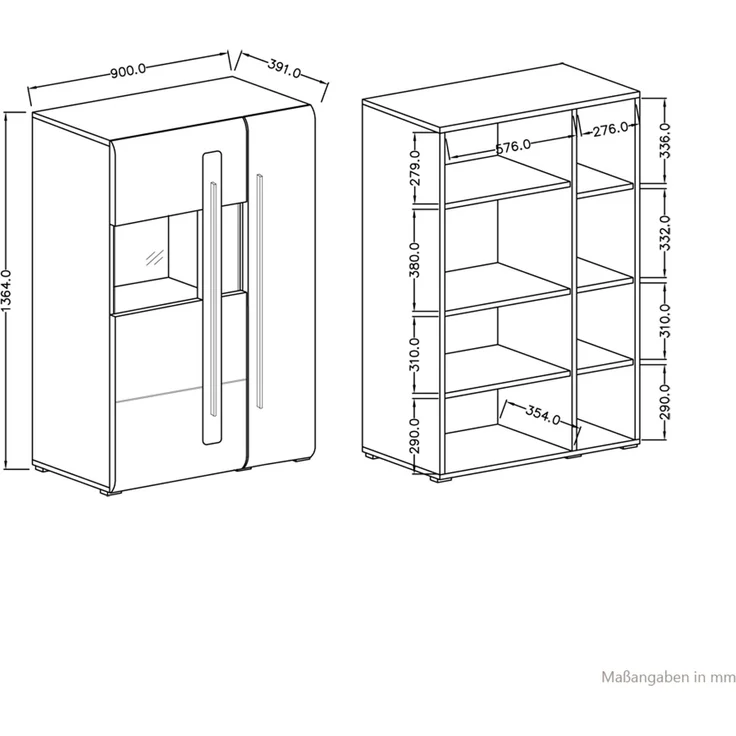 Highboard Vitrine weiß Hochglanz TURDA-83 modern mit Absetzungen in schwarz, B/H/T: ca. 90/136/39 cm – Bild 5