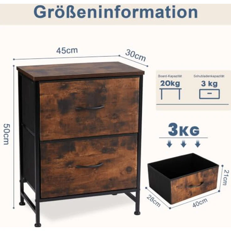 DUMOS Kommode 2er Set für Schlafzimmer mit Stoffschubladen hohe Organizer für Kleidung Schrank Kinderzimmer Aufbewahrungsturm mit Schrank Metallrahmen Holzplatte leichte (Vintagebraun) – Bild 3