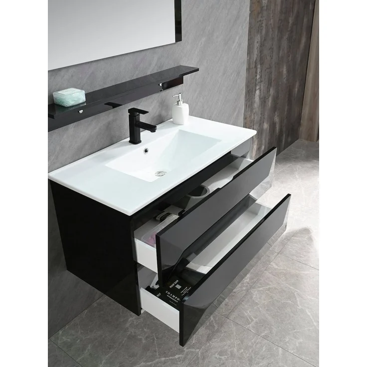 Badmöbel Set Miran 90 cm Schwarz, Keramikbecken & Spiegel 1x Seitenschrank Links, 1x Waschbeckenunterschrank, 1x Spiegelablage, 1x Spiegel – Bild 2
