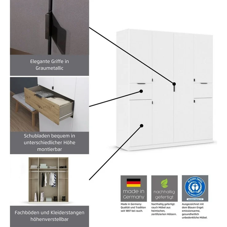 rauch Drehtürenschrank Kleiderschrank Schrank Garderobe Wäscheschrank TICAO mit 2 Schubladen die in der Höhe variabel positioniert werden können MADE IN GERMANY – Bild 3