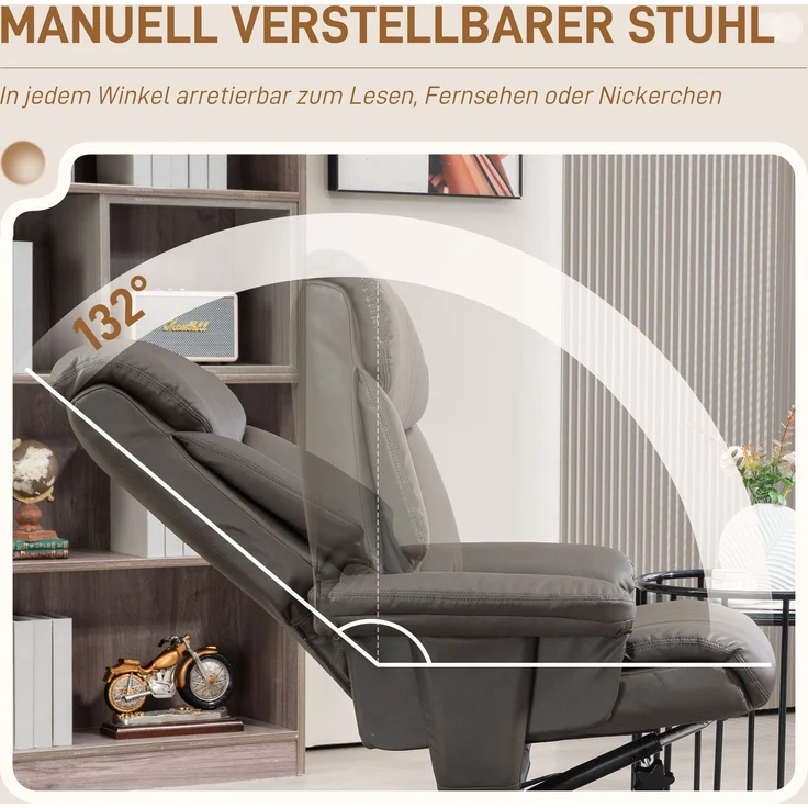 Relaxsessel mit Hocker, Rückenlehne verstellbar, Kunstleder, bis 150 kg, Grau--Grau--81x95x107cm--YOUDENOVA – Bild 6