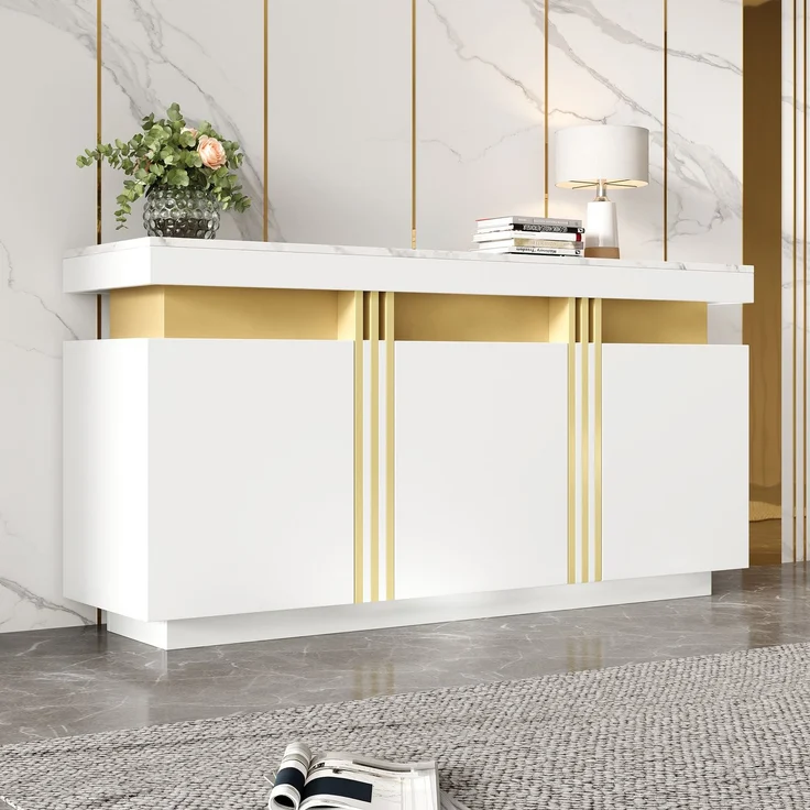 Merax weißes Sideboard, mit 3 Türen, Esszimmerschrank mit verstellbaren Trennwänden, Platin-Nähte – Bild 6
