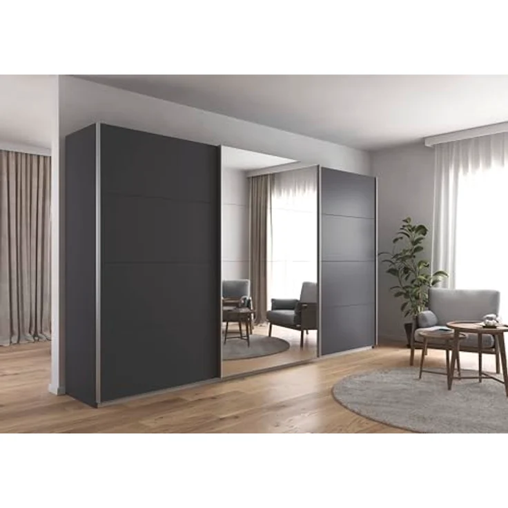 Rauch Möbel Kulmbach, Kleiderschrank mit Schwebetüren für Schlafzimmer, Kinderzimmer, Jugendzimmer, Garderobe, Flur, 3-türig, mit Spiegel, Zubehör Basic, Farbe Grau metallic, Schwarz, Breite 360 cm – Bild 2