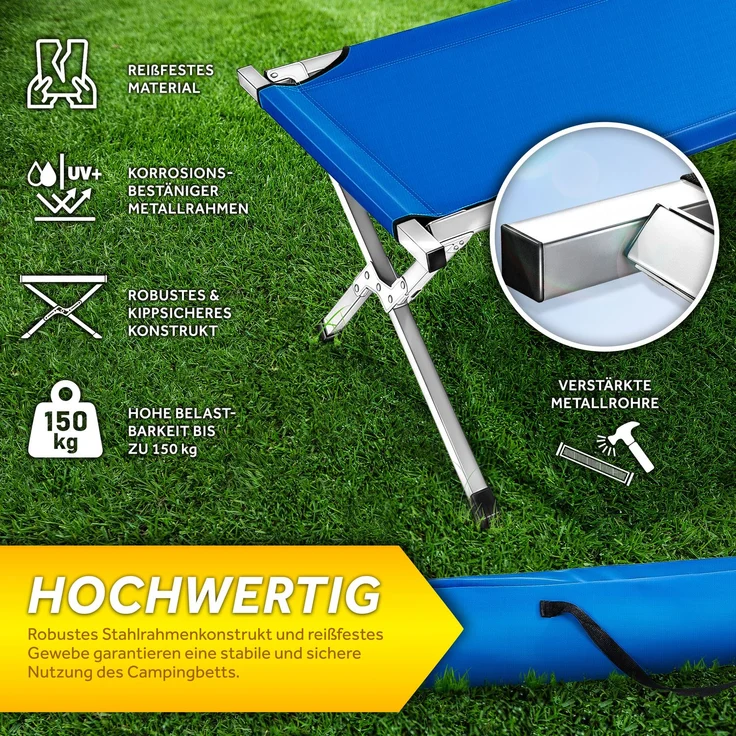 TRESKO XXL Campingbett Feldbett 190 x 64 x 44 cm Metallrohr - Belastbarkeit bis 150kg Blau – Bild 3