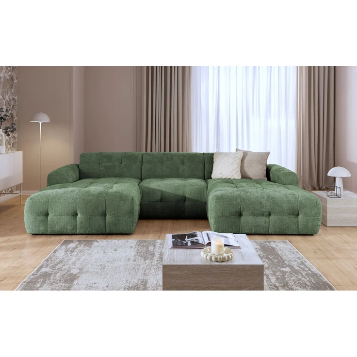 luma-home Wohnlandschaft U-Form 6-Sitzer, raffinierte Steppungen, Chenille-Bezug in Grün, 323 x 161 x 79cm – Bild 2