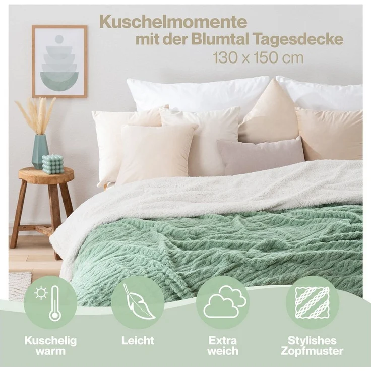 Wohndecke Oeko-TEX zertifizierte waschbare Wohn- & Kuscheldecke, Blumtal, mit weicher Sherpa-Innenseite – Bild 3