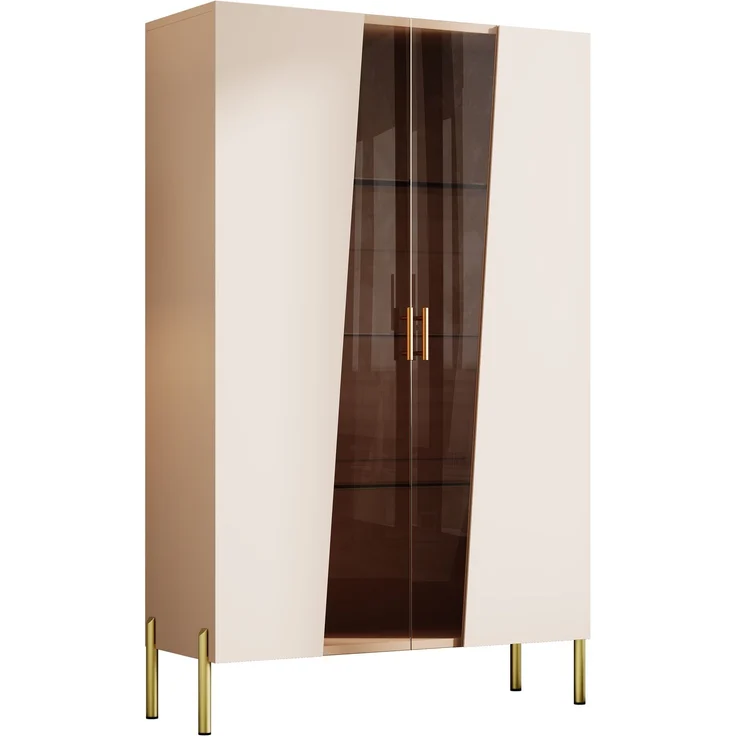 ZUBALIYA LED-Beleuchteter Glasschrank 72 x 40 x 145 cm, mit asymmetrischer gehärteter Glastür, 3 Glasböden, Metallgriff und Metallfüßen, als Vitrine, Esszimmerschrank, Bücherregal,Beige – Bild 9