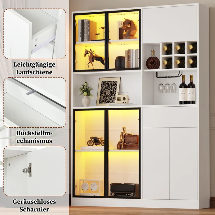 140x30x200cm Vitrine, Standvitrine mit 1 Schubladen 7 Schranktüren, Glasvitrine mit LED, Wohnzimmerschrank , Multifunktionsschrank mit 6 Weinregal,Becherhalter mit Aufhängung, Großer Schrank, Weiß--Weiß--140x30x200cm--YOUDENOVA – Bild 6