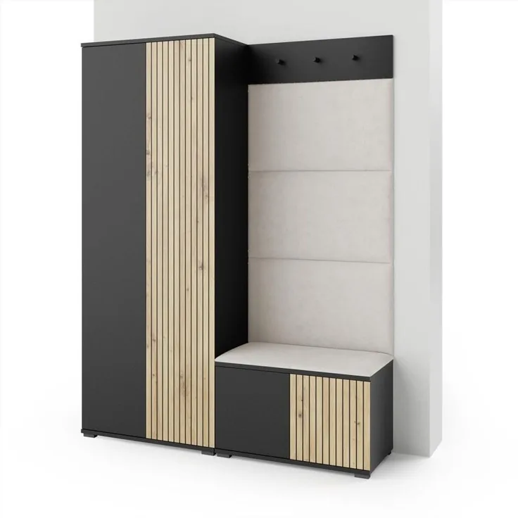 Garderoben-Set Rosario Version 1 mit Lamellen, Kleiderschrank mit Polsterplatten und Schuhschrank (Schwarz / Eiche Artisan, Trinity 01), 185 x 40 x 140 cm