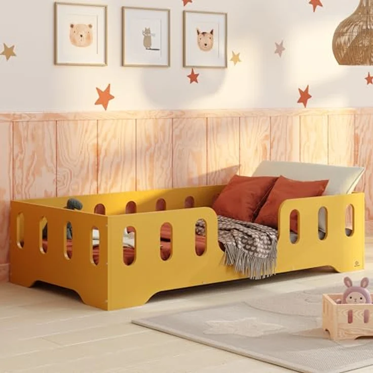 smartwood Kinderbett Bodenbett 90x200 mit Rausfallschutz & Lattenrost - Senfgelb - Kinder Montessori Bett TILA 2 mit glatten Kanten - Betten für schnelle Montage - Bis 230 kg belastbar – Bild 2