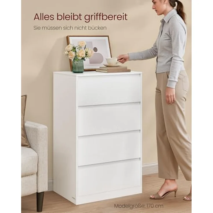 VASAGLE Kommode mit 4 Schubladen, Komodenschrank, Schubladenschrank, Wäschekommode, für Schlafzimmer, 40 x 60 x 97,4 cm, Modern Kailyn Kollektion, schneeweiß LTS614WE02 – Bild 6