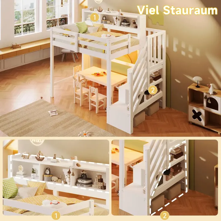 Hochbett mit RGB LED-Streifen, Stauraum, Lattenrost, Rausfallschutz und Regal, Treppe mit Regal, 90x200 cm, Kinderbett, Einzelbett, Kiefer – Bild 4