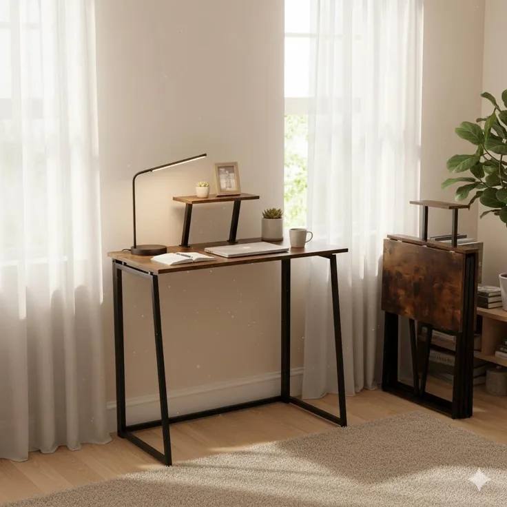 FurnitureR Klappbarer Schreibtisch mit Monitorständer, platzsparender Computertisch aus Holz und Metall im Industrial Design, zusammenklappbarer Arbeitstisch für Home Office, 80×40×75 cm,Vintage Braun