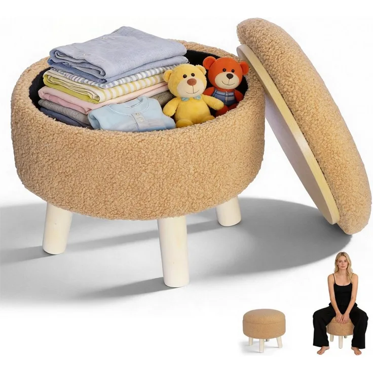 LEMLIT Fußhocker Kleine Runde Ottomane mit Stauraum,Bouclé-Teddy-Samt-Fußhocker (1Stück, 1 St, 34x31,5 cm), weiche hocker mit stauraum für Wohnzimmer, Schlafzimmer