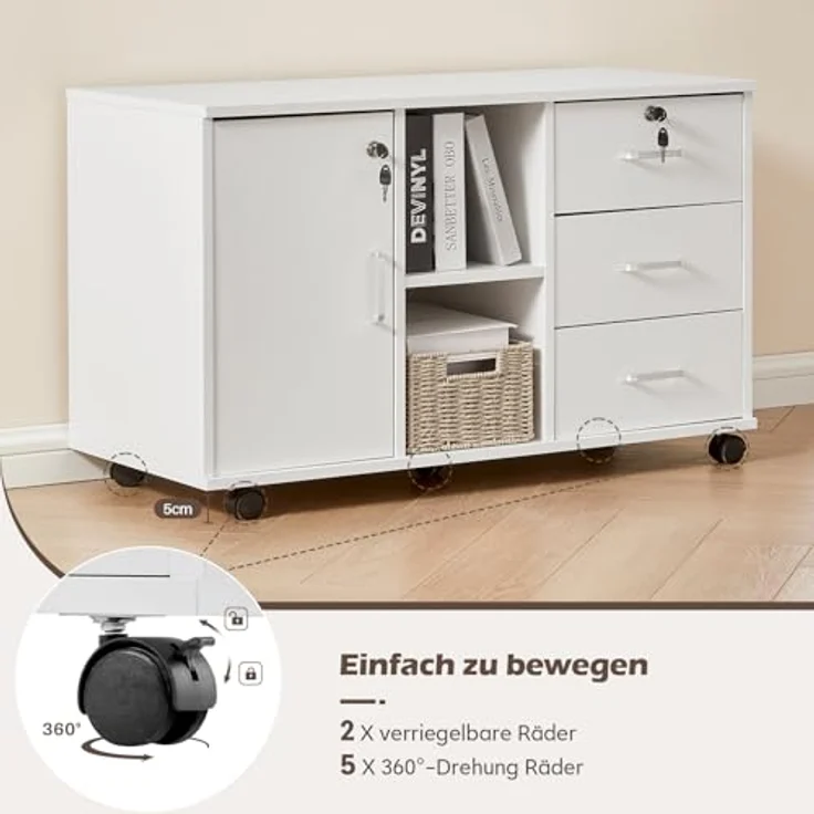 TUKAILAI Rollcontainer Abschließbar mit 3 Schubladen, Lagerung Fach und Offene Regale, Aktenschrank, Büroschrank mit Rollen, Dokumente in DIN-A4, Legal, Letter-Format, Büromöbel, Weiß – Bild 6