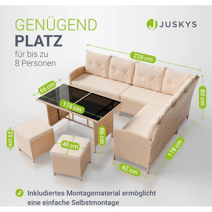 Juskys Polyrattan Lounge Manacor creme – Gartenlounge mit Sofa, Tisch, 2 Hocker & Kissen, inkl. Abdeckung – Gartenmöbel Set bis 8 Personen – Sitzbezüge in Sand – Bild 4