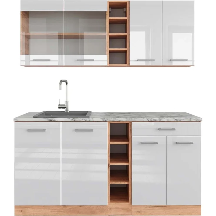 Singleküche R-Line Weiß Hochglanz/Goldkraft Eiche 160 cm , AP Marmor Vicco – Bild 1