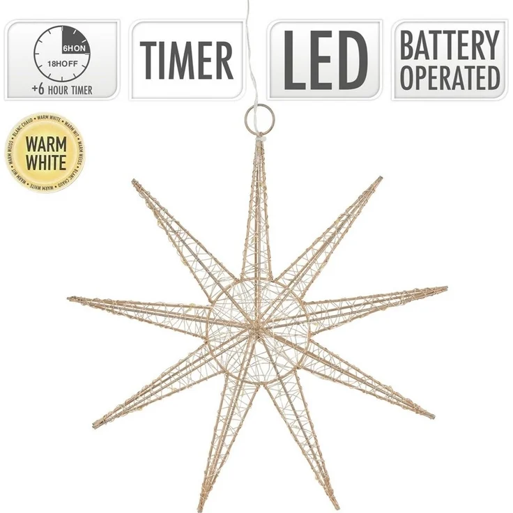 ECD Germany LED Stern Weihnachtsstern Weihnachten Schneeflocke Weihnachtsdeko Fensterdeko, LED 30cm warmweiß Gold batteriebetrieben Metall mit Timer – Bild 3