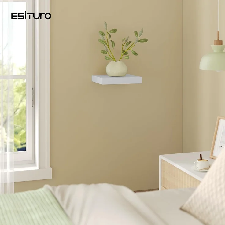 eSituro Wandregal, schwebendes Regal für Wandmontage, Schweberegal Hängeregal Wandbrett im Wohnzimmer Schlafzimmer Küche Badezimmer, arktisweiß, MDF, 25 x 3,8 x 22,9 cm – Bild 4