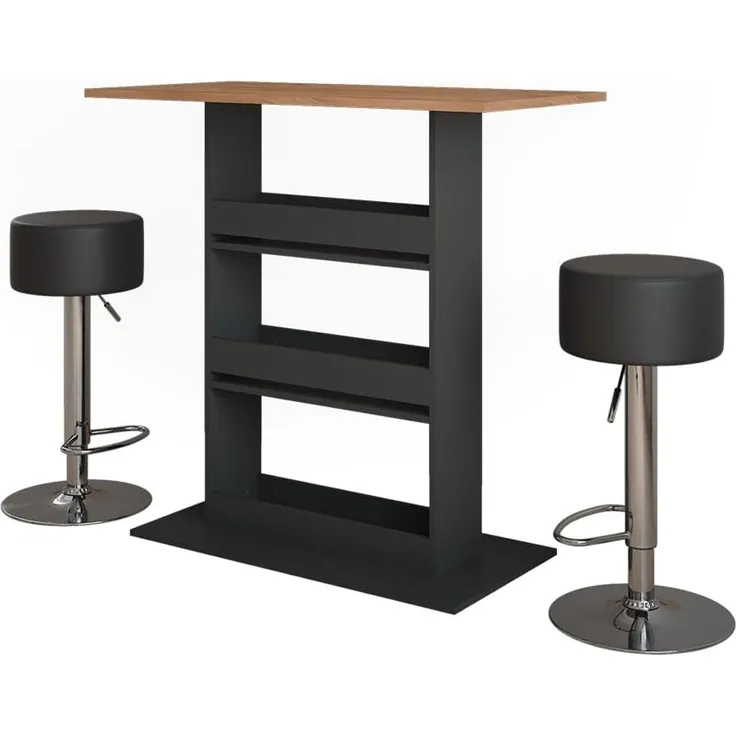 Bartisch-Set Repose Goldkraft Eiche/Anthrazit 110 x 55 cm mit 2 Barhockern Vicco