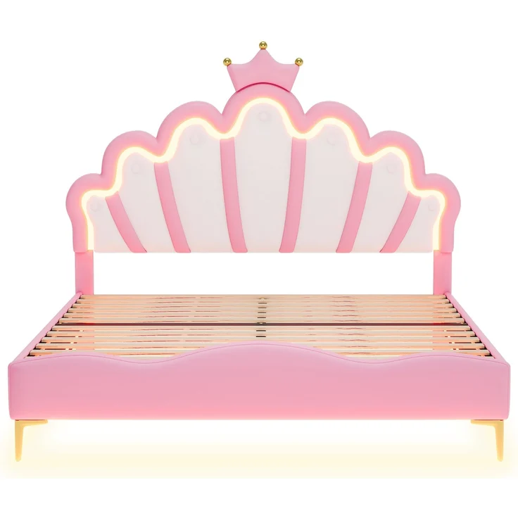 140*200cm Flaches Doppelbett, kronenförmiges Prinzessinnenbett, weiche Polsterung aus PU-Leder, verstellbarer LED-Umgebungslichtstreifen,Rosa – Bild 7