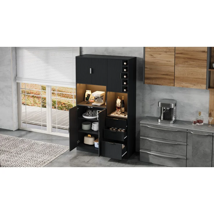 ZUBALIYA Weinschrank 105x40x180 cm, mit LED-Beleuchtung, mit Steckdosen, mit verstellbaren Einlegeböden, aus MDF, Schwarz – Bild 24