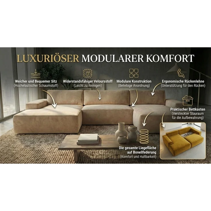 Ecksofa EINAR 362x170 cm mit Schlaffunktion, Bonellfederkern und Bettkasten, Farbe: Blau – Bild 6
