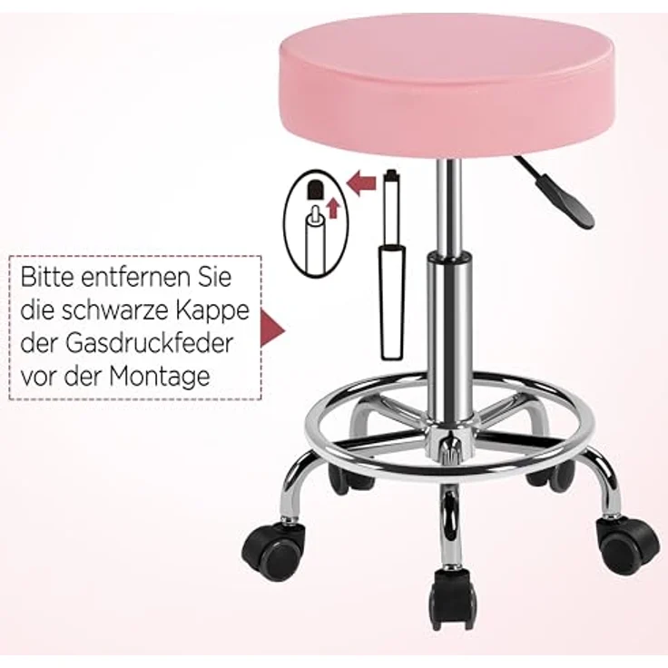 Yaheetech Rollhocker Höhenverstellbar 50,5–65 cm Sitzhöhe Drehhocker 360° Drehbar mit Polster Bürohocker bis 120 kg Arbeitshocker mit Rollen Hocker Rosa – Bild 7