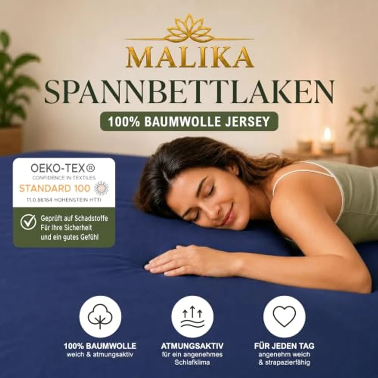 MALIKA® Spannbettlaken 120x200cm Baumwolle, Jersey, Matratzenhöhe bis 28 cm, Oeko-Tex zertifiziert, faltenfrei und atmungsaktiv – Bild 2