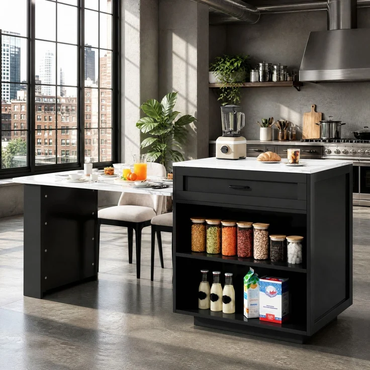 Ausziehbarer Bartisch aus MDF mit Stauraum, 98-204x70x93,5 cm, Schwarz – Bild 1