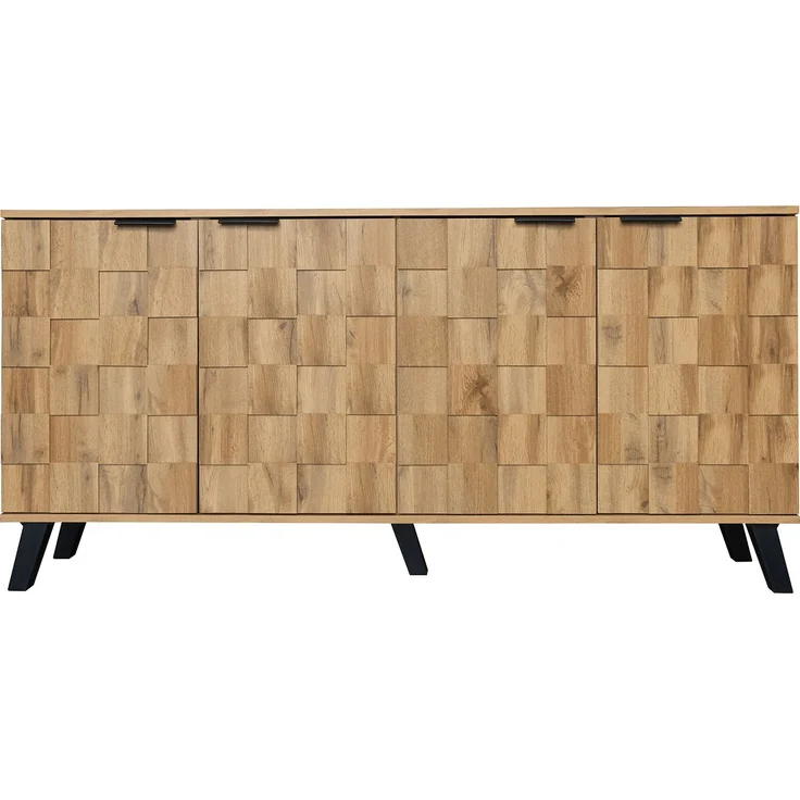 Sideboard Holzoptik 160 cm, moderner Aufbewahrungsschrank mit 4 Türen, Einlegeböden & schwarzen Griffen – Bild 8