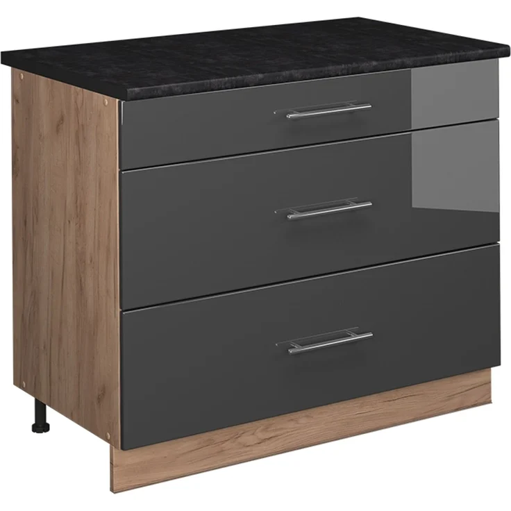Küchenunterschrank Fame-Line Anthrazit Hochglanz/Goldkraft Eiche 100 cm, AP Anthrazit Vicco – Bild 1