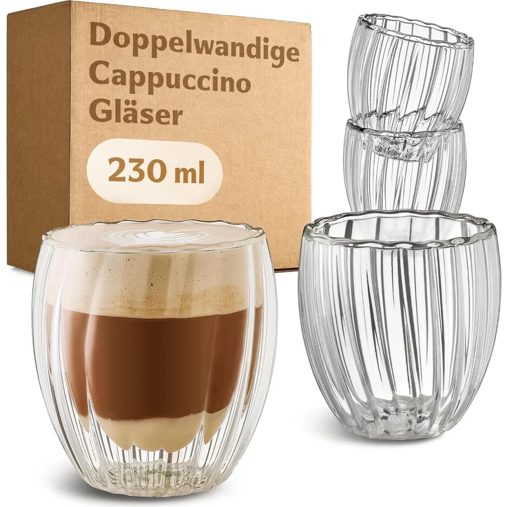 Cosumy Gläser-Set Doppelwandige Cappuccino Gläser 230ml, 4-tlg, Borosilikatglas, Spülmaschinenfest – Bild 1