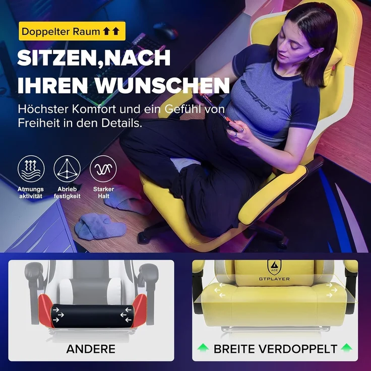 GTPLAYER Gaming Stuhl Ergonomischer Gaming Sessel Schreibtischstuhl Kunstleder, Federsitzkissen, Verbindungsarmlehnen und Fußstütze 150KG, gelb – Bild 3