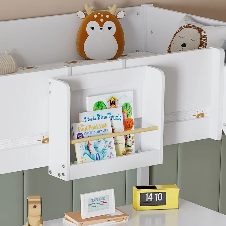 Hochbett Kinderbett 90x200 mit Rutsche, Leiter und Regal, aus Kiefer MDF, Etagenbett Jugendbett, weiß-natur – Bild 9