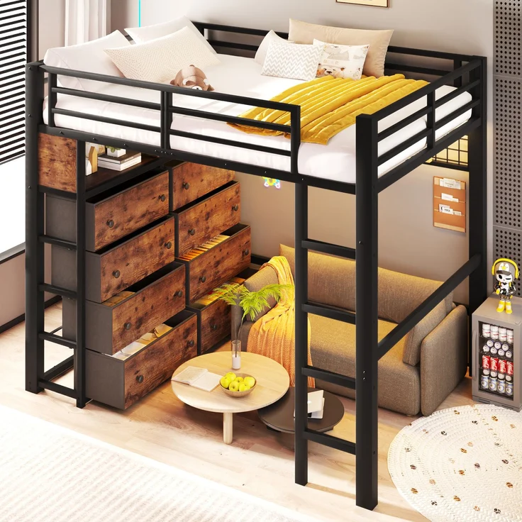 U-life Metall-Hochbett 140x200 cm mit 8 Schubladen, LED-Beleuchtung, Regalen, Lochwand und Lattenrost, Schwarz – Bild 3