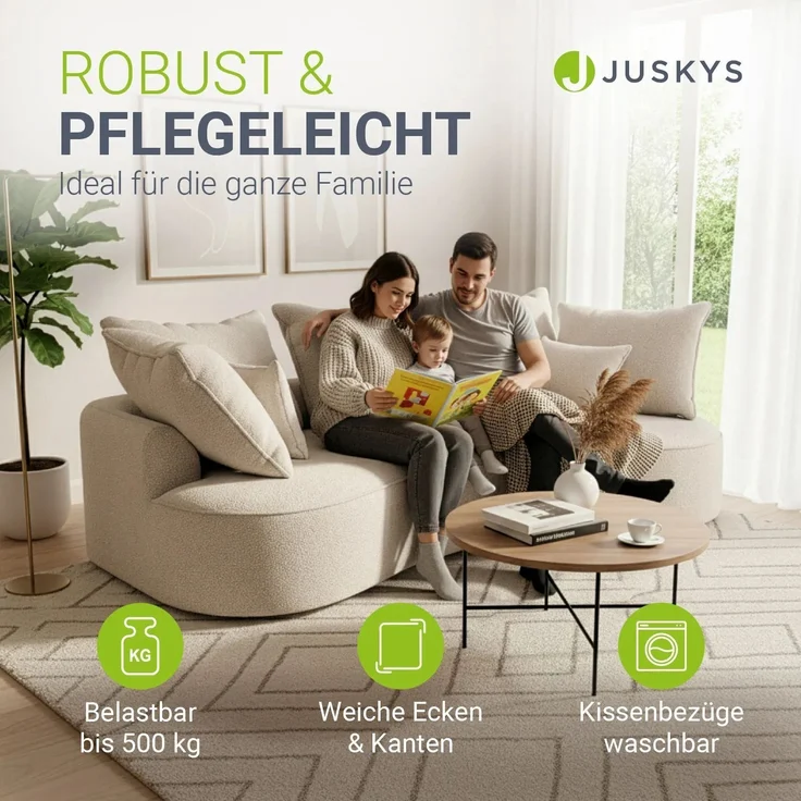 Juskys Sofa Tirano - Bouclé Creme , Ecksofa mit L-Form, mit Rücken- & Dekokissen, 4-Sitzer Eckcouch, Schaumstoff - Ottomane rechts – Bild 6